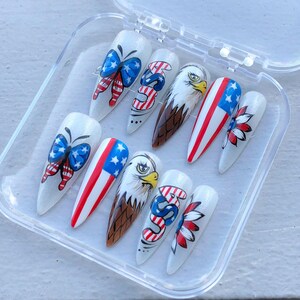 Unhas Postiças Liberty Eagle | Bandeira Americana, Borboleta Patriótica e Design da Independência dos EUA