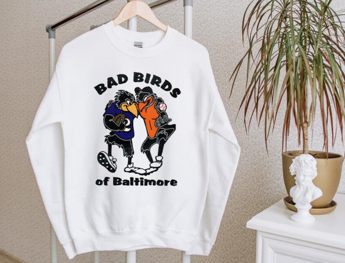 SuperKongArt Baltimore Sports Team Bad Birds White Sweatshirt, Baltimore Baseball Retro Sweatshirt, Baltimore Football Shirt, Gifts for Dad