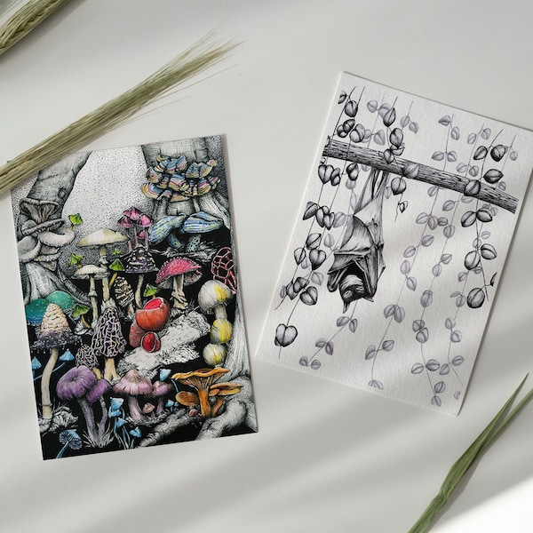 Postcard set of 2 cards based on original ink drawings