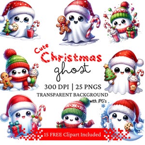 Cute Christmas Ghost Clipart Bundle - Watercolor Clipart - Christmas Clipart PNG - Watercolor Christmas Bundle   | DIY Crafts and Printables