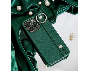 Personalized Dark Green Phone Case with Grip Ring, Vegan Leather Case for iPhone 15 Pro Max Case, Grip Ring Strap iPhone 14 13 12 11 Case
