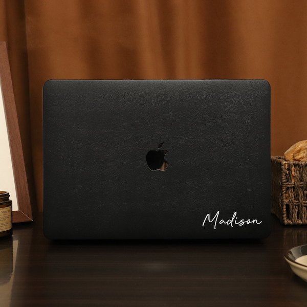 Black Texture Leather MacBook Hard Case, Vegan Leather MacBook Cover for Pro 14 16 M1 M2 2023 Air 11/13 Pro 13 2021 2022 Unique Laptop Case