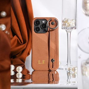 Monogram initialen iPhone 15 14 Pro hoesje, bruin vegan telefoonhoesje met gripring iPhone 12 13 14 hoesje, iPhone XS XR hoesje iPhone7 8 Plus hoesje