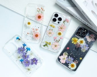 Funda de teléfono con flores prensadas reales, funda de resina para iPhone 15, 14, 13, 12, 11 Pro Max, Se, Xr, Xs, X, 7, 8, funda hecha a mano con flores prensadas secas, regalos de flores