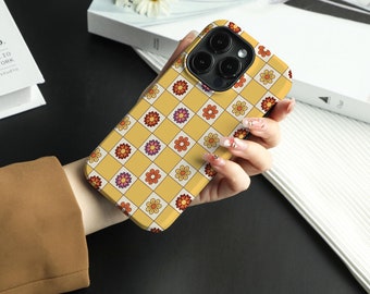 iPhone-skal med gult gitterblomma till iPhone 15, iPhone 14 Pro Max, iPhone 13 Pro, iPhone 8, 11 SE, X XS XR, Personligt namnskal