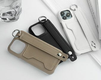 Personalized Leather Phone Case with Card Slot, Leather Case for iPhone 15 Pro Max Case, Grip Ring Strap iPhone 14 13 12 11 Case