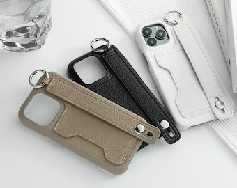 Personalized Leather Phone Case with Card Slot, Leather Case for iPhone 15 Pro Max Case, Grip Ring Strap iPhone 14 13 12 11 Case