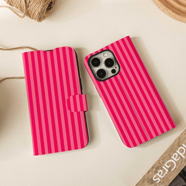 Bright Pink Stripes Flip Wallet Cases for iPhone 17 16 15 14 13 12 11 8 7 6 SE2000 X XS XR Pro Max, Wallet Case, Pu Leather Book Phone Cover
