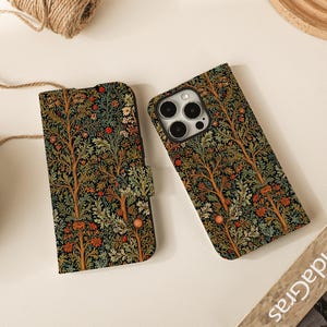 William Morris Forest Print Étuis portefeuille à rabat pour iPhone 16 15 14 13 12 11 8 7 SE X XR Pro Max, Étui portefeuille pour téléphone, Étui pour téléphone portable à rabat