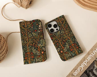 William Morris Forest Print Flip Plånboksfodral för iPhone 17 16 15 14 13 12 11 8 7 SE X XR Pro Max, Plånboksfodral, Telefonfodral Plånbok