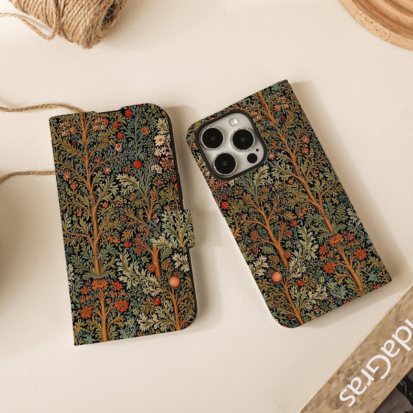 William Morris Forest Print Flip Wallet Cases for iPhone 17 16 15 14 13 12 11 8 7 SE X XR Pro Max, Wallet Phone Case, Phone Flip Case Wallet