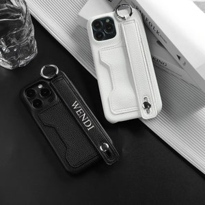 Personalized Leather Phone Case with Card Slot, Leather Case for iPhone 15 Pro Max Case, Grip Ring Strap iPhone 14 13 12 11 Case