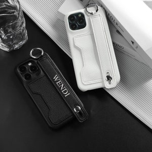 Personalisierte Leder Handytasche mit Kartenfach für iPhone 15 Pro Max Hülle, Griff Ring Strap iPhone 14 13 12 11 Hülle