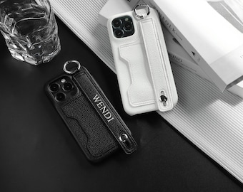 Personalized Leather Phone Case with Card Slot, Leather Case for iPhone 15 Pro Max Case, Grip Ring Strap iPhone 14 13 12 11 Case