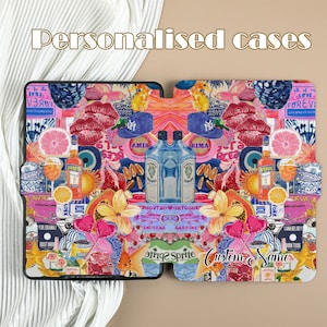 May include: A personalized phone case with a collage of colorful images including fruit, flowers, lips, and drinks. The text 'Custom Name' is visible on the case.