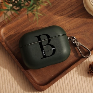 Custodia personalizzata in pelle verde scuro per AirPod, custodia in legno per AirPod 2 e 3, custodia per AirPod Pro 2, custodia personalizzata per AirPod Pro, regali per la festa del papà