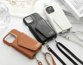 Personalized Leather iPhone Case with Strap/Card Slot, Leather Case for iPhone 15 14 Pro Case, Custom iphone Case iPhone 14 13 12 11 Case