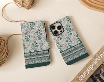 Vintage Green Flower Flip Wallet Cases for iPhone 17 16 15 14 13 12 11 8 7 SE X XR Pro Max, Wallet Phone Case, Phone Flip Case Wallet