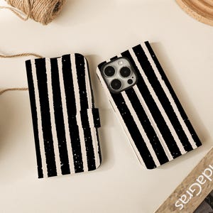 Vintage Black & White Stripes Flip Wallet Cases for iPhone 16 15 14 13 12 11 8 7 SE X XR Pro Max, Wallet Phone Case, Phone Flip Case Wallet