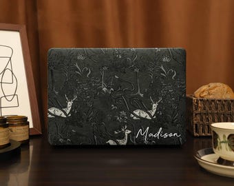 Forest Deer Print Leather MacBook Hard Case,Vegan Leather MacBook Cover for Pro 14 16 M2 2025 Air 11/13 Pro13 15 2026 Neo A18 Laptop Case
