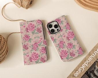 William Morris Rose Print Flip Plånboksfodral för iPhone 17 16 15 14 13 12 11 8 7 SE X XR Pro Max, Plånboksfodral, Telefonfodral Plånbok