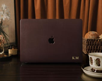Étui pour MacBook en cuir marron chocolat | Housse d'ordinateur portable de luxe personnalisée avec initiales dorées pour Neo A18 Pro 13" 14" 15", M2 M3 M4 2026 Air 13/11/15
