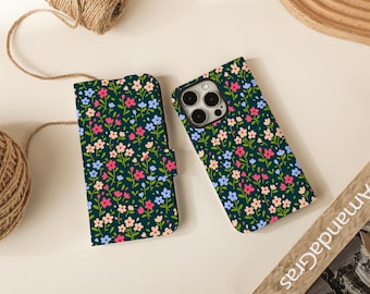 Small Crushed Flower Flip Wallet Cases for iPhone 17 16 15 14 13 12 11 8 7 SE X XR Pro Max, Wallet Phone Case, Phone Flip Case Wallet