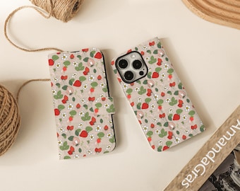 Erdbeerblatt-Druck Flip Wallet Cases für iPhone 17 16 15 14 13 12 11 8 7 SE X XR Pro Max, Brieftasche Handyhülle, Handy Flip Case Brieftasche
