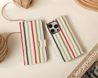 Rot-Grüne Streifen Flip Wallet Cases für iPhone 17 16 15 14 13 12 11 8 7 SE X XR Pro Max, Brieftasche Handyhülle, Handy Flip Case Brieftasche