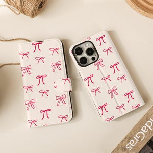 Lovely Bow Tie Print Flip Wallet Cases for iPhone 16 15 14 13 12 11 8 7 SE X XR Pro Max, Pink Wallet Phone Case, Phone Flip Case Wallet