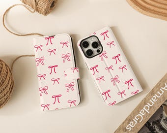 Lovely Bow Tie Print Flip Wallet Cases for iPhone 17 16 15 14 13 12 11 8 7 SE X XR Pro Max, Pink Wallet Phone Case, Phone Flip Case Wallet