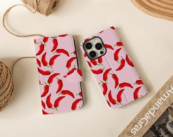 Lovely Chilli Print Flip Wallet Cases for iPhone 17 16 15 14 13 12 11 8 7 SE X XR Pro Max, Wallet Phone Case, Phone Flip Case Wallet