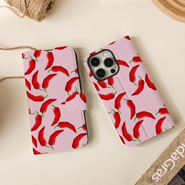 Lovely Chilli Print Flip Wallet Cases for iPhone 17 16 15 14 13 12 11 8 7 SE X XR Pro Max, Wallet Phone Case, Phone Flip Case Wallet
