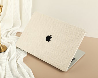 Beige Woven Leather MacBook Hard Case, Vegan Leather MacBook Cover for Neo A18 Pro 14 16 M2 2023 Air 11/13 Pro 13 2026 Unique Laptop Case