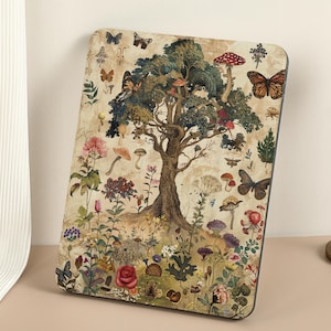 May include: A vintage-style illustration of a tree with mushrooms, butterflies, and flowers. The tree is surrounded by a variety of plants and insects, all rendered in a detailed and realistic style. The image is printed on a light brown background.