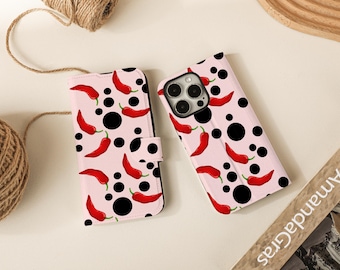 Lovely Chilli Print Flip Wallet Cases for iPhone 17 16 15 14 13 12 11 8 7 SE X XR Pro Max, Wallet Phone Case, Phone Flip Case Wallet
