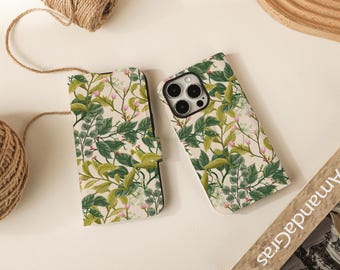 William Morris lövtryck fällbara plånboksfodral för iPhone 17 16 15 14 13 12 11 8 7 SE X XR Pro Max, plånboksfodral, fällbart telefonfodral
