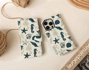 Marine Life Patterns Flip Wallet Cases for iPhone 16 15 14 13 12 11 8 7 SE X XR Pro Max, Wallet Phone Case, Phone Flip Case Wallet