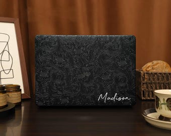Black Floral Embossed Leather MacBook Case,Vegan Leather MacBook Cover for Neo A18 Pro 14 16 M2 2026 Air 11/13 Pro 13 2025 2024 Laptop Case