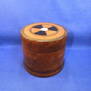 Antique 1900c Treen Inlay Marquetry Lid Round Turned Hardwood Container