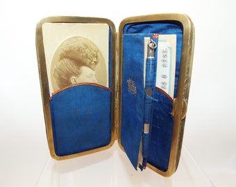 Beautiful Things Floral Embroidery Antique Victorian Notebook In Bleu Silk/Leather. Brass Frame Wallet. Silver Sterling Mechanical Pencil.