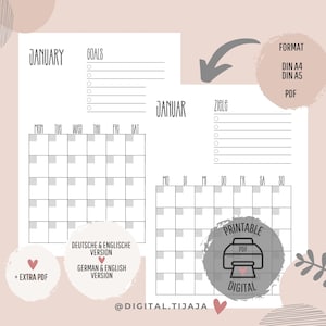 Könnte beinhalten: Druckbarer Januar-Kalenderplaner in Schwarzweiß mit grauem Hintergrund. Der Kalender bietet Platz für Ziele, To-Do-Listen und tägliche Aufgaben. Der Kalender ist in den Größen DIN A4 und DIN A5 erhältlich.
