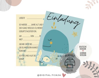 Invitation card for children's birthday party with sea whale // Download invitation to print out yourself, personalisable