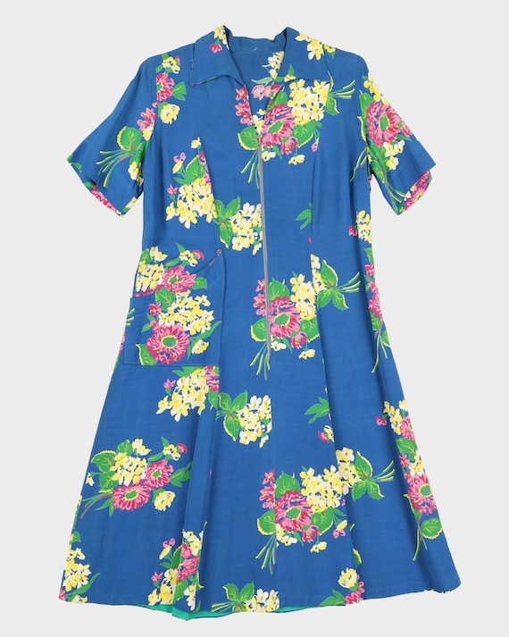 1940s Floral Rayon Patterned A-Line House-Robe Dr… - image 1
