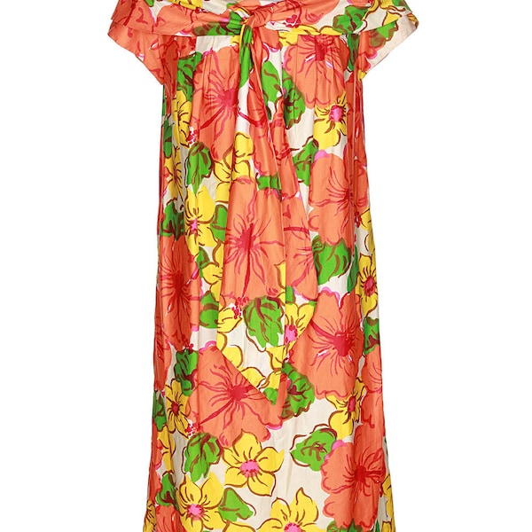 60s Orange Hawaiian Floral Midi Dress - L