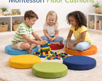 Set di 6 cuscini da pavimento per bambini con maniglie – Seduta flessibile rotonda da 30 cm per sala giochi, asilo nido, scuola materna, cuscini da pavimento Montessori