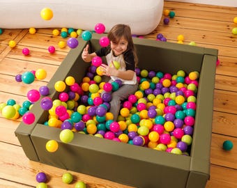 Olive Green Faux Leather Ball Pit - Soft Foam Pool for Toddlers