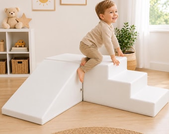 Soft Play Set for Toddlers, White Foam Climber with Slide & Stairs, Montessori Climbing Blocks, Indoor Play Set