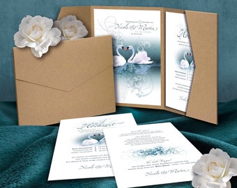 Personal wedding invitation set »Swan Heart«, with envelope & removable information card, DinB6, sturdy kraft paper