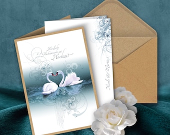 Personalized greetings card "Swan Heart" for the wedding, including envelope and matching insert sheet, wedding card, elegant design